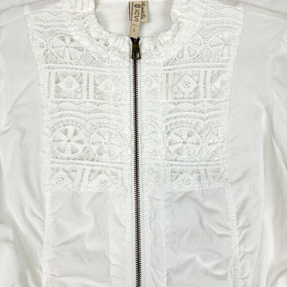 XCVI Crochet Full Zip Jacket Size Large White Cotton Boho 3/4 Sleeve Lightweight - Picture 3 of 7